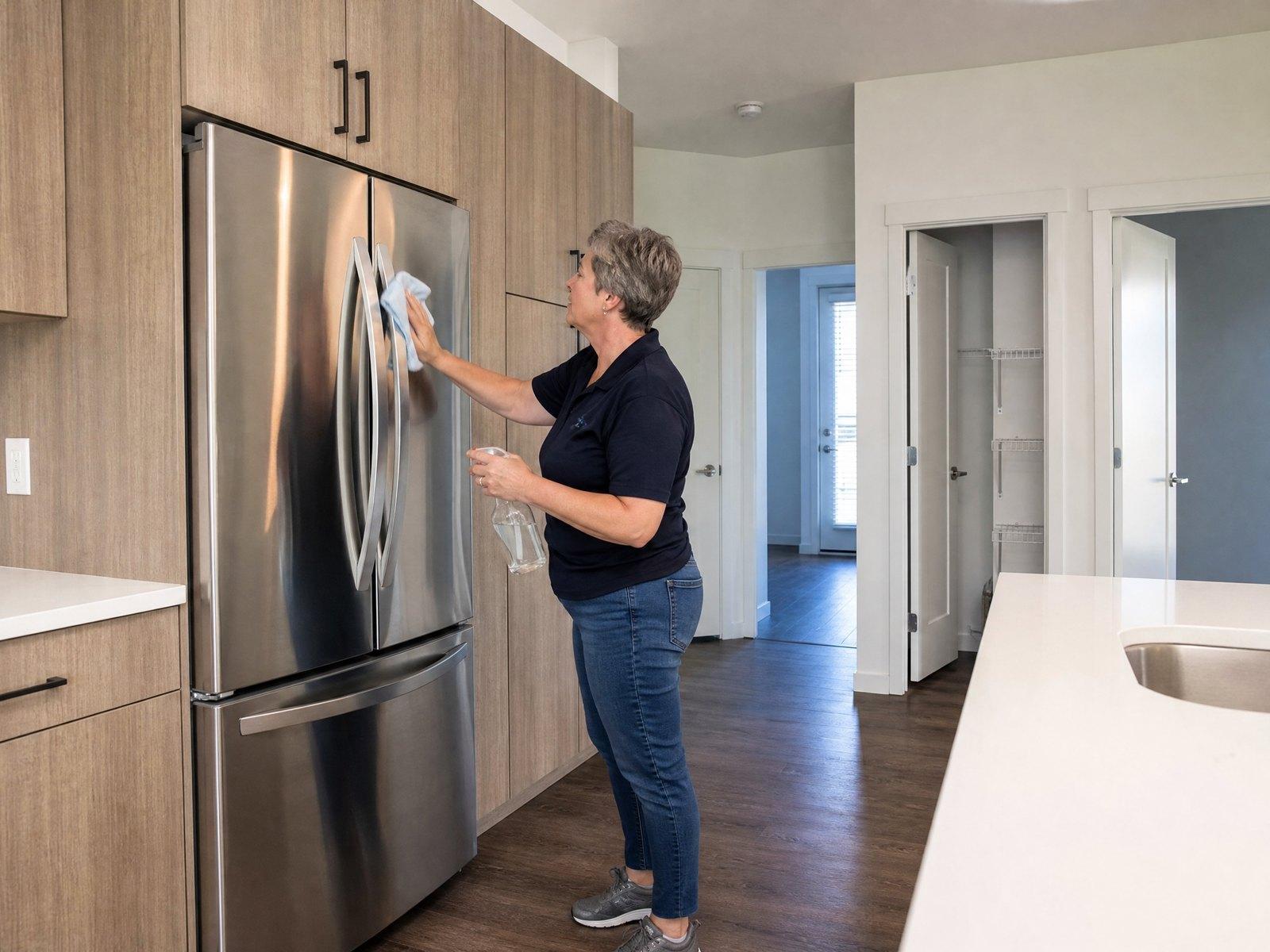 Wiping new appliances in a new-build kitchen
